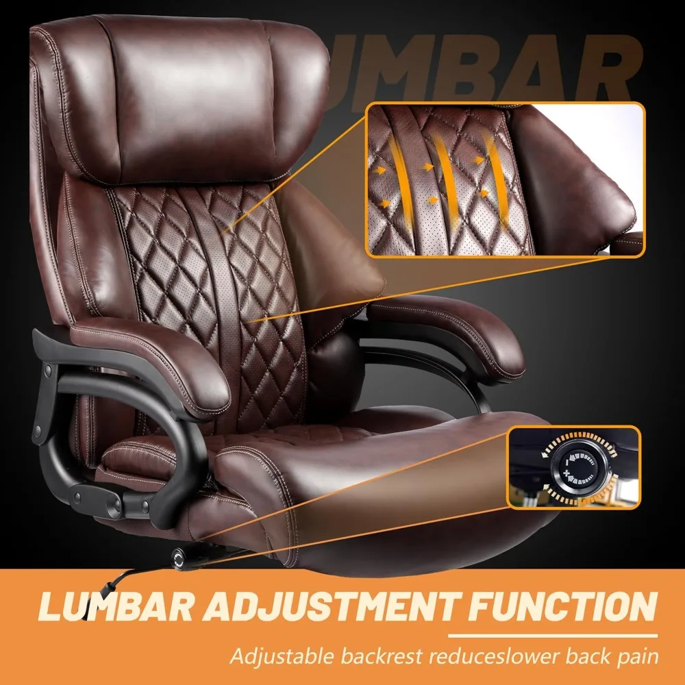 كرسي مكتب تنفيذي 600 رطل كبير وطويل، كراسي مكتب جلدية مع دعم قطني قابل للتعديل، كرسي مكتب تنفيذي هادئ #4