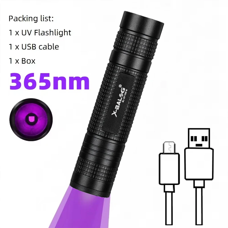 365nm Mini UV LED-zwartlicht zaklamp USB oplaadbaar nagellamp huisdier vlekken lekdetector ertsen geld schorpioen detectielampjes