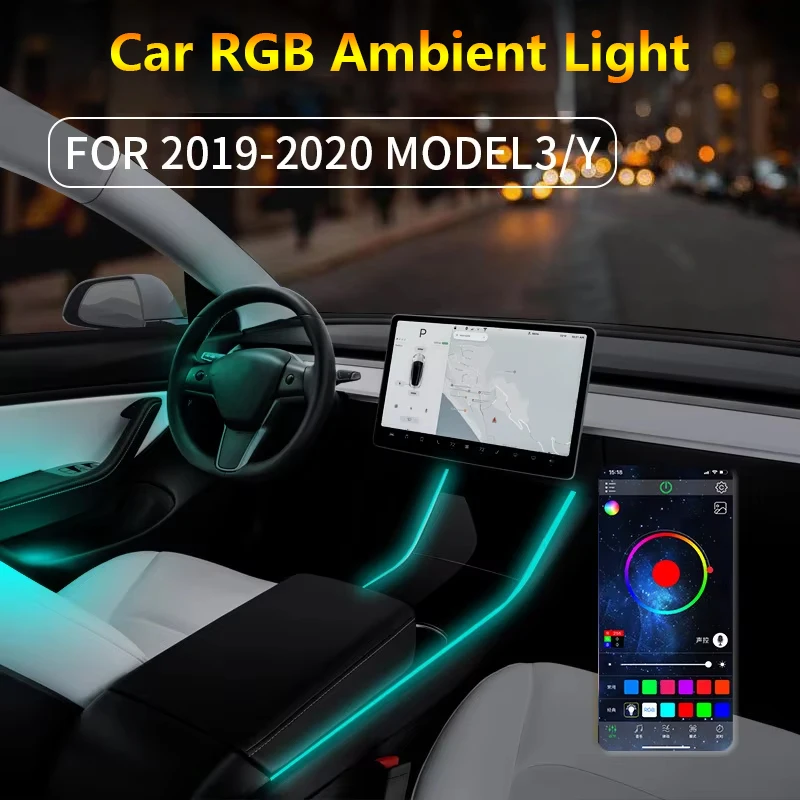 19 in 1 RGB 64 Color Ambient Light For Tesla Model 3 2019-2020 Car Interior Acrylic Guide Fiber Strip Decoration Atmosphere Lamp