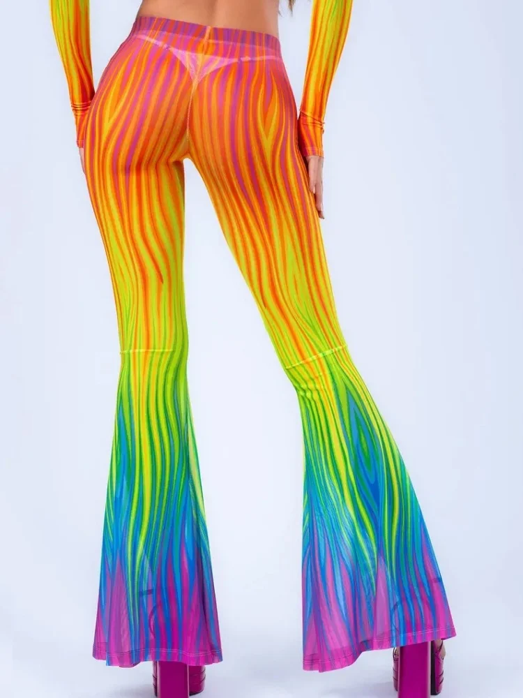 Retro Psychedelische Regenbogen-Leoparden-Schmetterlings-Flammen-Mesh-Druck Schlaghose mit hoher Taille, schmale Passform, Strick-Bell-Bottom-Hose – Detail 7