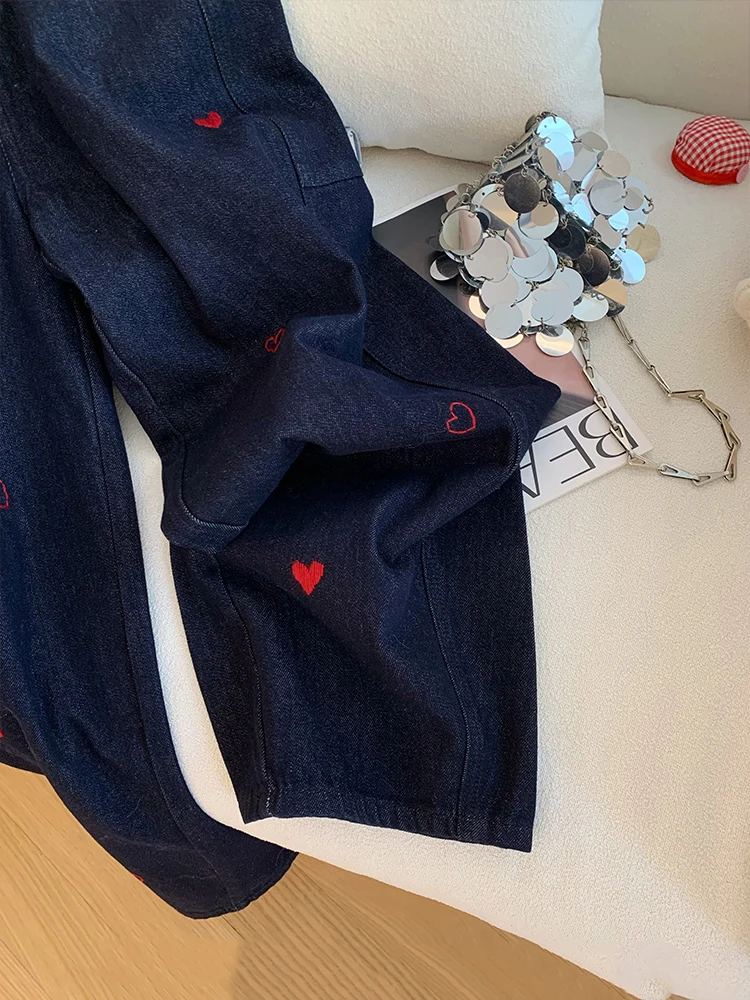 Tamanho grande em forma de coração impresso jeans feminino 2025 nova cintura alta calças de perna larga retro azul solto casual calças de perna reta