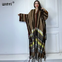 WINYI Winter African cardigan Classic plaid print abaya outfits for women Fringed coat Open Front Kimono long down party dress