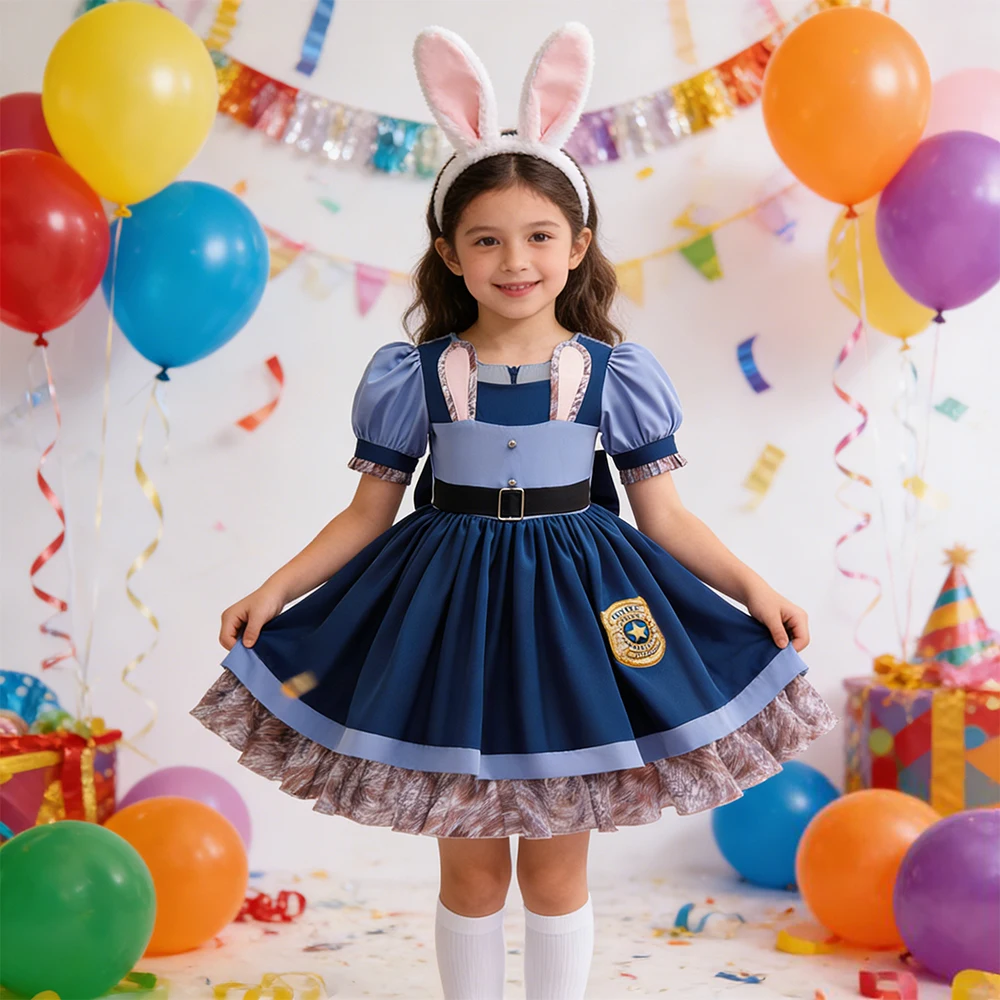 

Movie Rabbit Police Animals Cosplay Costumes For Girls Bow Lolita Princess Dress With Socks Children Carnival Easter Outfits