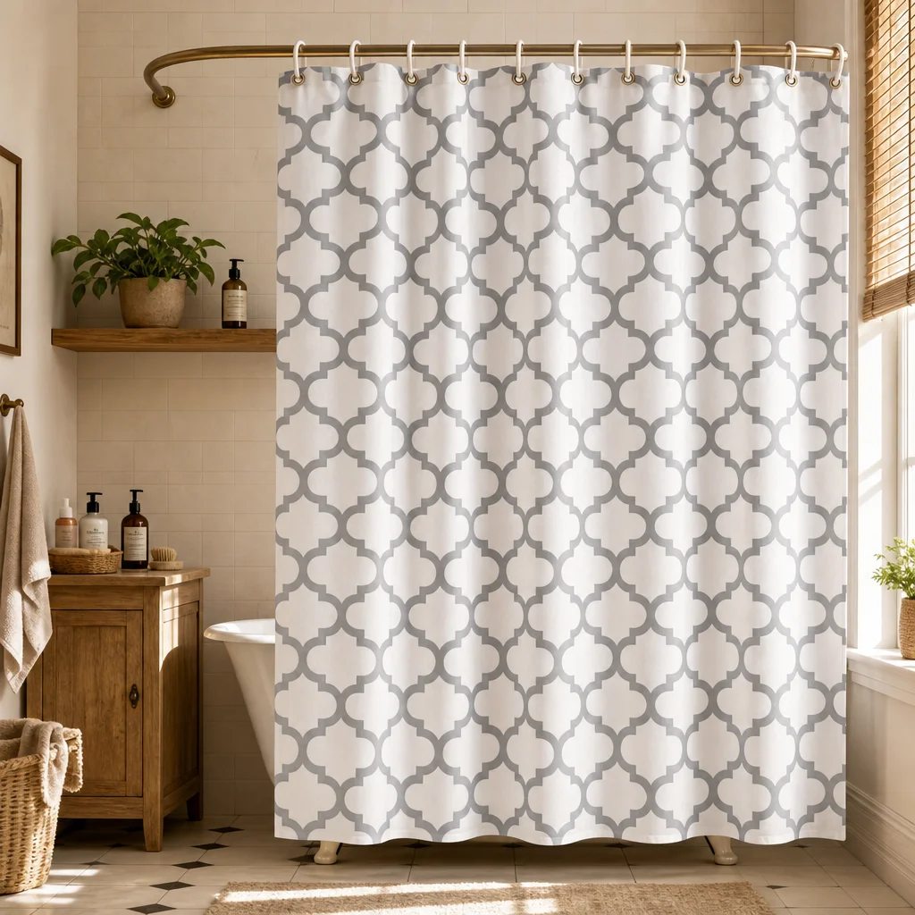 

Grey Moroccan Shower Curtain Geometric Trellis Pattern Waterproof Fabric Modern Bathroom Decor Curtains with 12Hooks 180x180cm