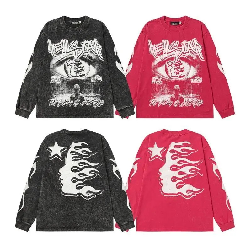 Hellstar Ins US Streetwear Print Vintage Wash High Street Unisex Loose Trendy Casual Base Layer Long Sleeve Tee Niche