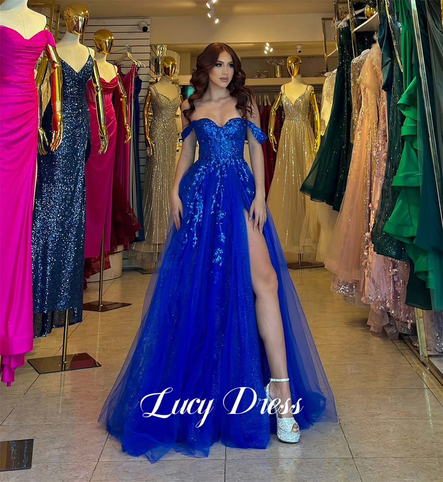 

Lucy Mesh Blue Party Dress Line A Prom Robe De Soiree Femmes Long Evening Dresses for Special Occasions Ball Gowns Customized