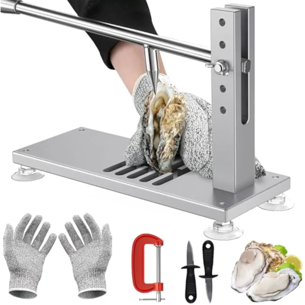 Oyster Shucking Tool with 5-Position Adjustable Handle Stainless Steel Blade Aluminum Base Non-Slip Grooves Suction Cups Cut Res