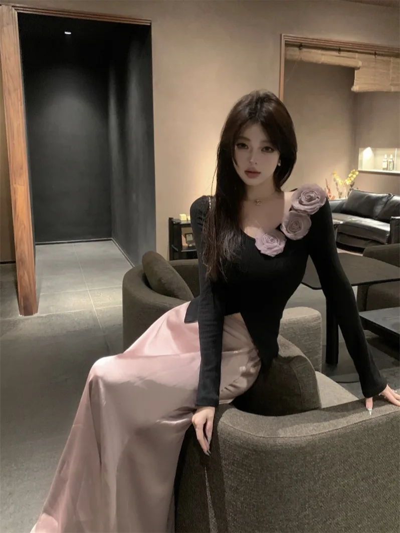 

Комплект из топа с V-образным вырезом и атласной юбки Pure Desire Heavyweight Rose Design: сексуальный, облегающий, с длинными рукавами, цельный, зимний, модный