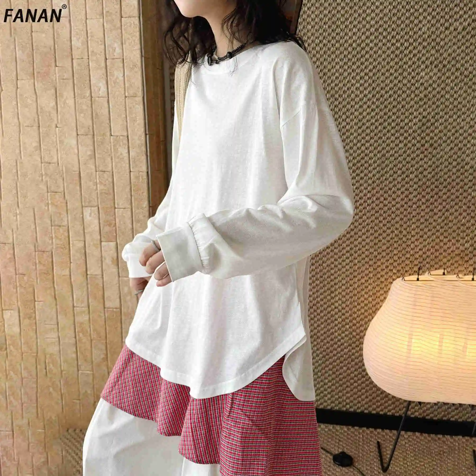 

FANAN Spring Summer New Korean Style Simple Round Neck T-Shirt For Women Loose Fit Versatile Tops Minimalism Clothing Female