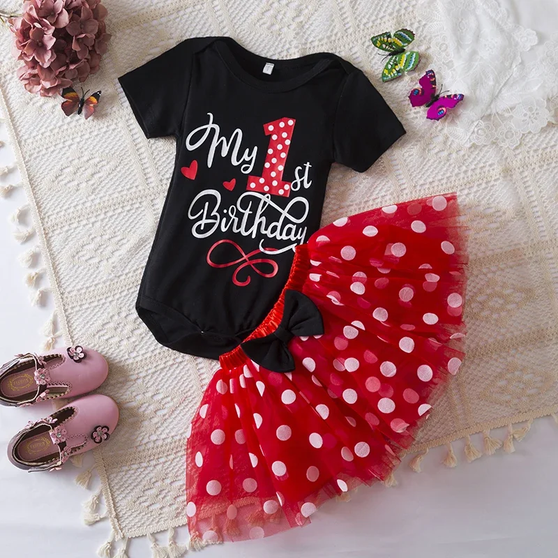 0-18M 1st Birthday Baby Girl Clothes Set Infant Newborn Toddler Dress Letter Romper Ruffle Tulle Skirts Headband Outfit Summer