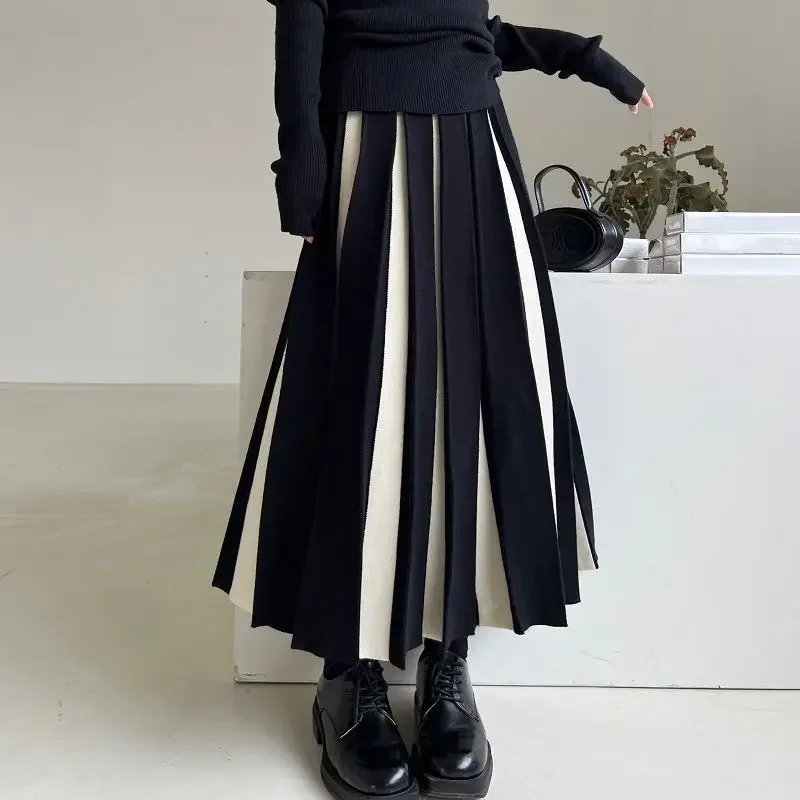 Fashion Striped Mixed Color Long Skirt Women High Waist Elegant Woman Pleated  Spring Knitted Faldas Largas Mujer