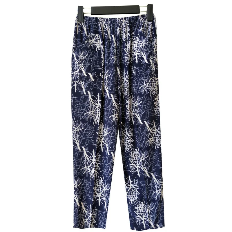 Summer Middle Aged Women Printed Pants Casual High Waist Cropped Trousers Grandma's Loose Thin Ice Silk Straight Pants