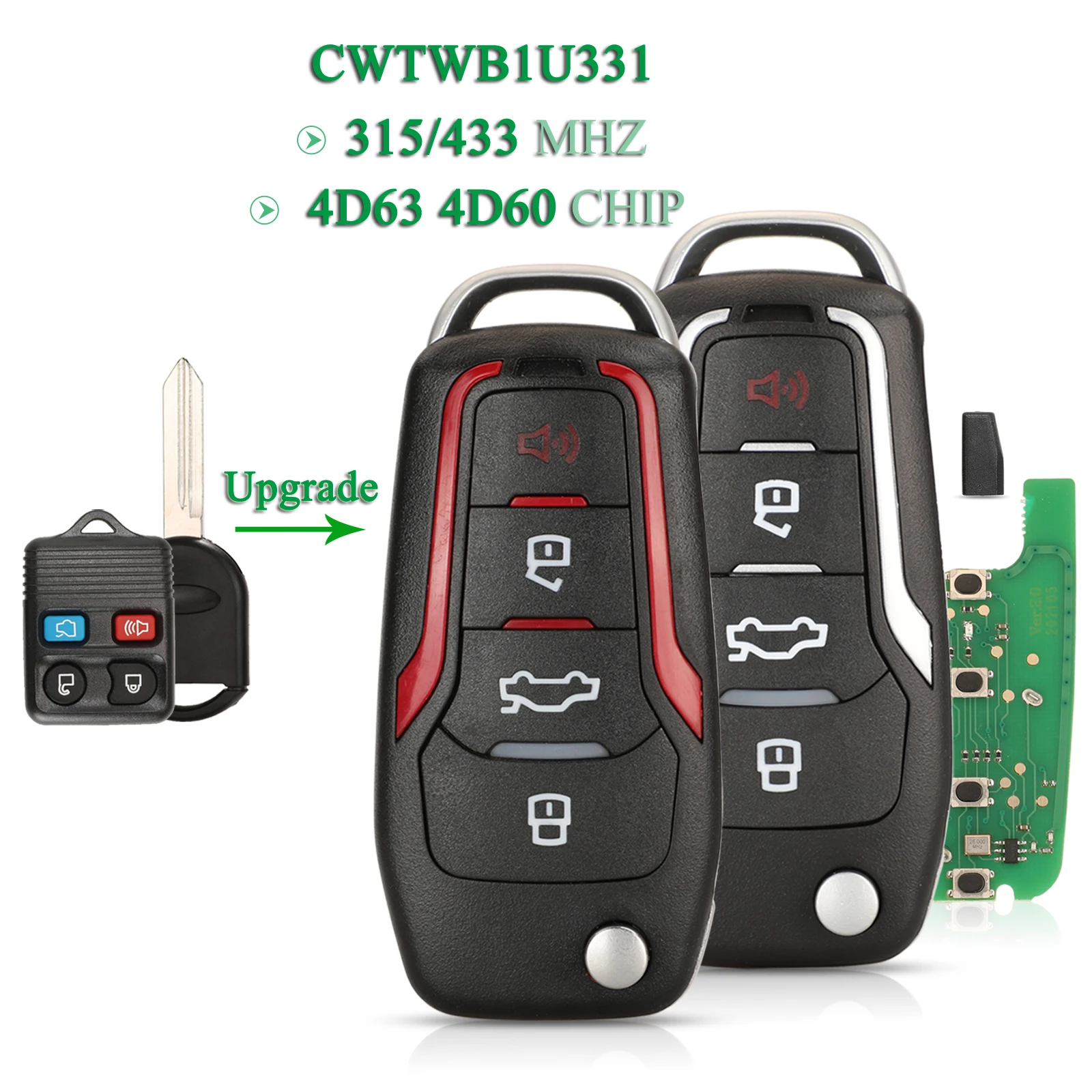 jingyuqin Modified CWTWB1U331 Flip Remote Key 315/433Mhz For Ford Explorer Focus Edge Escape Ranger Mustang Flex Mercury Lincoln