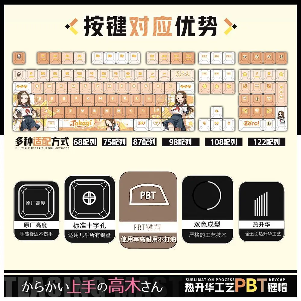 122 Keys Teasing Master Takagi-san Keycaps Anime Chreey PBT Transparent Key Caps for Made68 Mad68 Wooting 60 Mechanical Keyboard