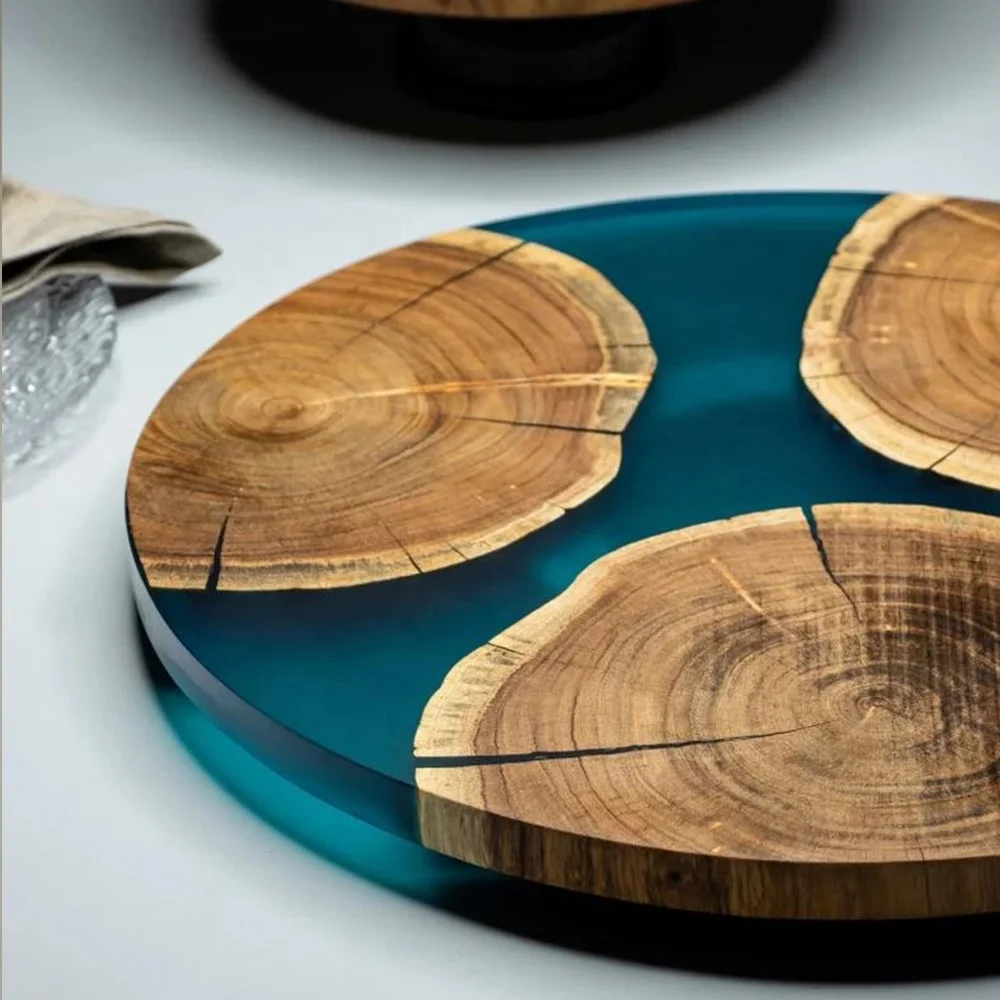 Blue Live Edge Wood Resin Cheese Board Round Modern Service Tray Kitchen Epoxy River Wood Cheeseboard