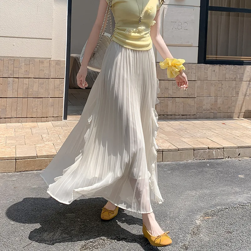 Lotus Leaf Edge Pleated Half Skirt for Women in Summer, Irregular Design, Split and Hanging Feeling, A-line Large Swing Skirt