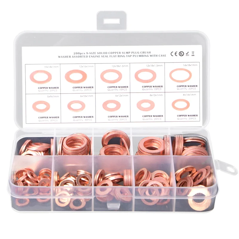 200Pcs O Ring Copper Metric Washers Assortment Kit Flat Sealing Washer 9 Sizes M5 M6 M8 M10 M12 M14