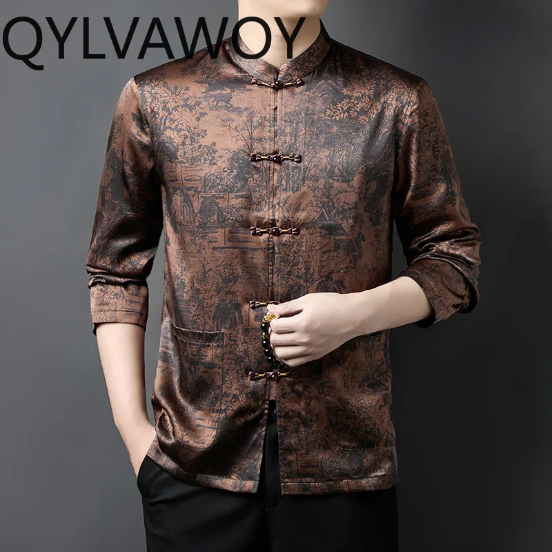 QYLVAWOY 90.8% Real Mulberry Silk Men's Shirts High-end Xiangyunsha Tops Long Sleeves Shirts Lapel Chinese Shirts for Man Luxury