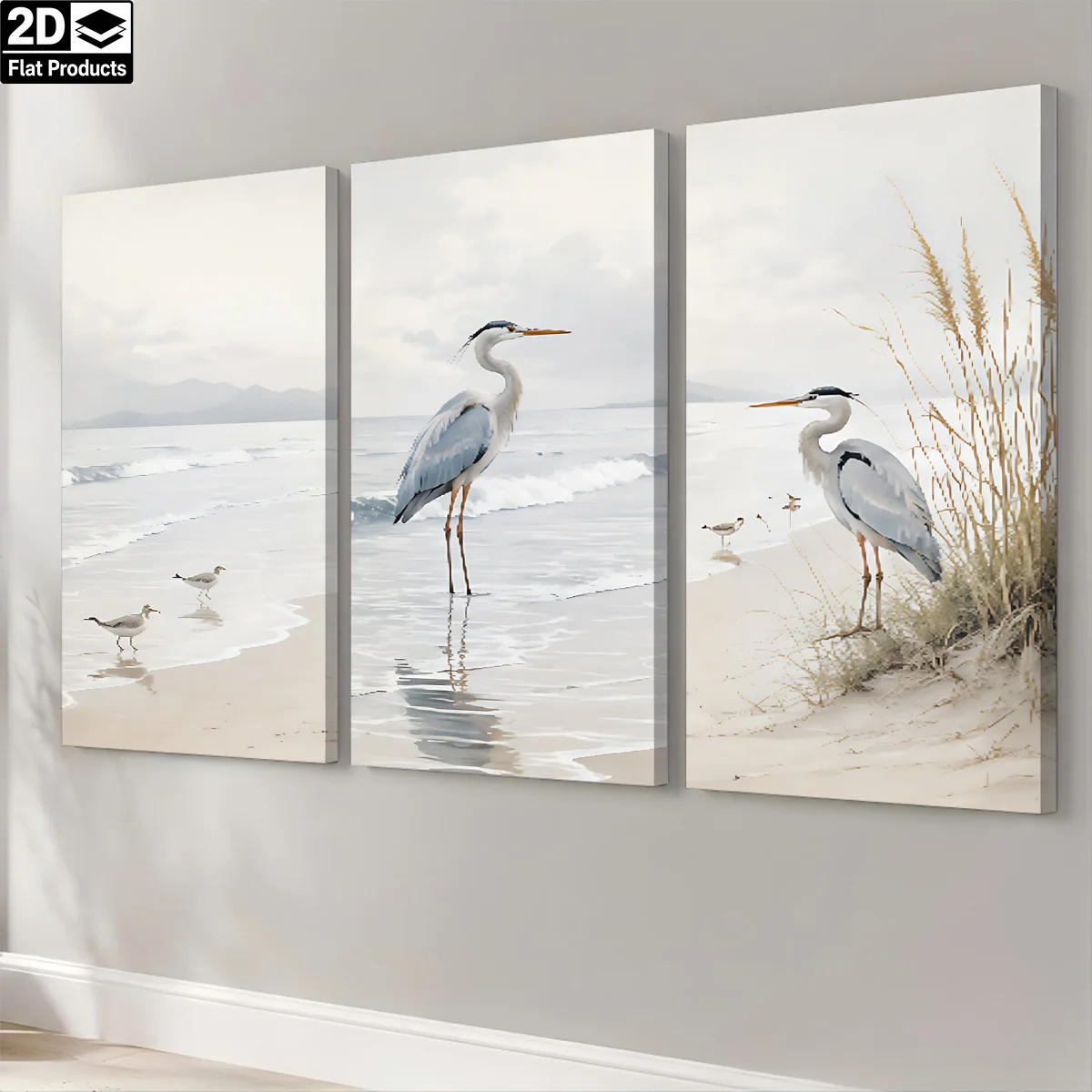 3PCS - Three panels show herons and seagulls on a beach with waves and dunes. Themed Canvas Wall Art, Waterproof Canvas Prin