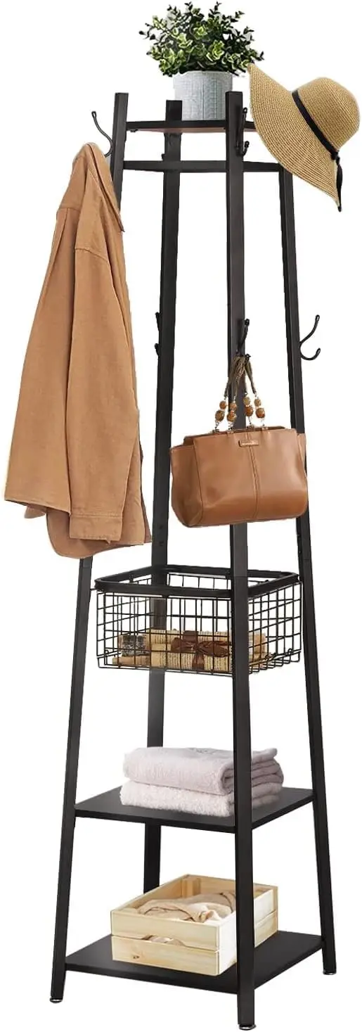 

Freestanding Coat Rack with Metal Basket & 8 Hooks, Storage Shelves for Coats Hats Bags Umbrellas, Matte Black 18x18x72 In
