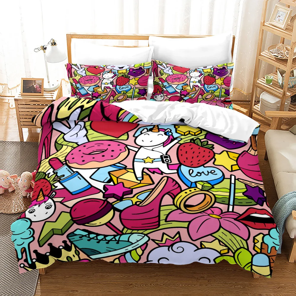 3D Graffiti Color Digital Print Duvet Cover Bed Linens with Pillowcase for Boys Kids Single Double King Queen Size Quilt Cover