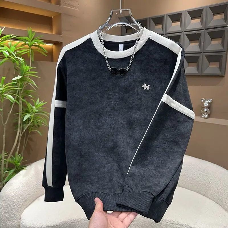 

Men's Casual Tie-Dye round Neck Long Sleeve Sweatshirt Embroidered Patchwork Slim Fit Fashionable Base Layer Top