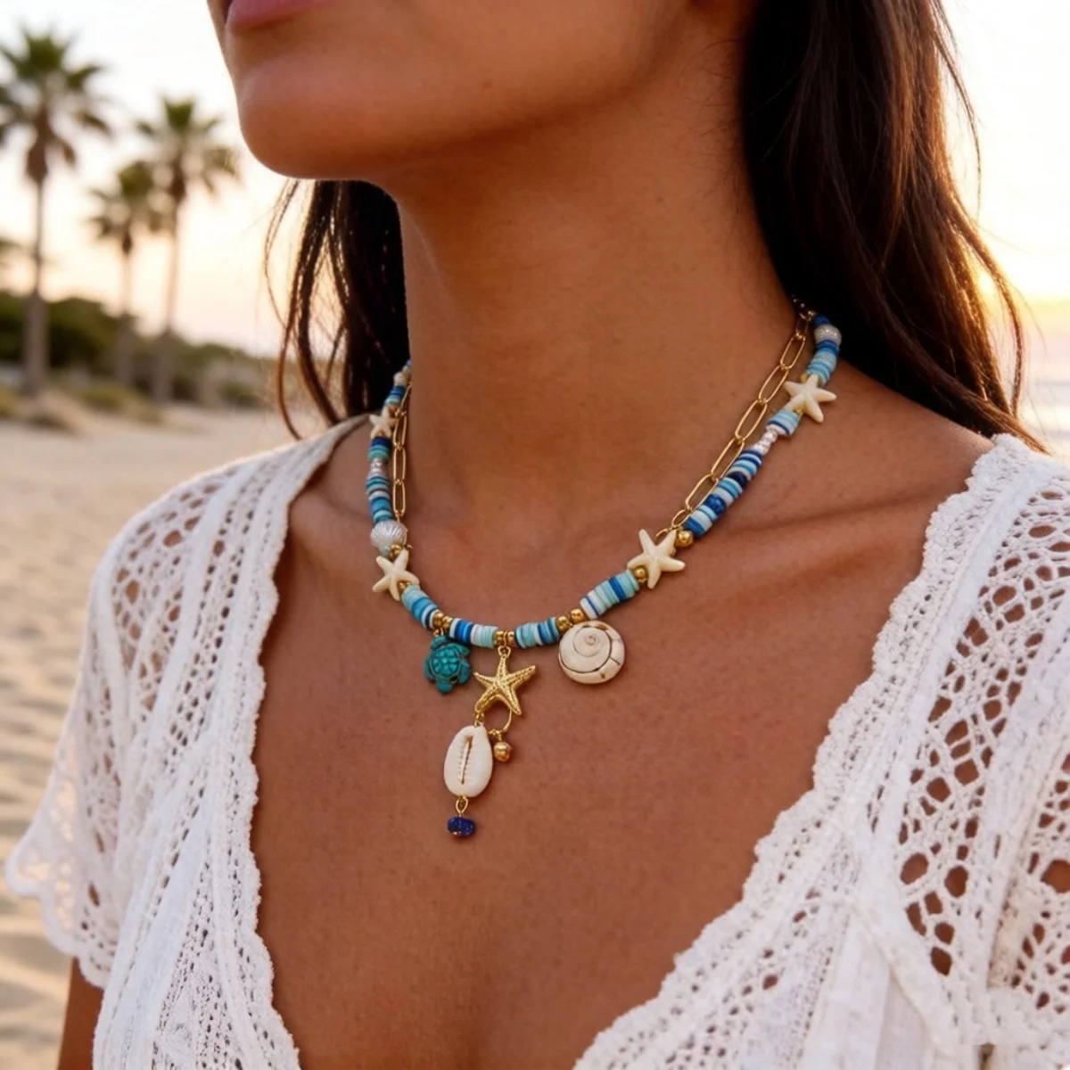 Halskette mit Seestern, Muschel, Schildkröte und Quaste aus Kunstharz für Damen und Herren, doppellagig, blau, aus weicher Tonperlen, Sommer-Strandschmuck – Detail 5