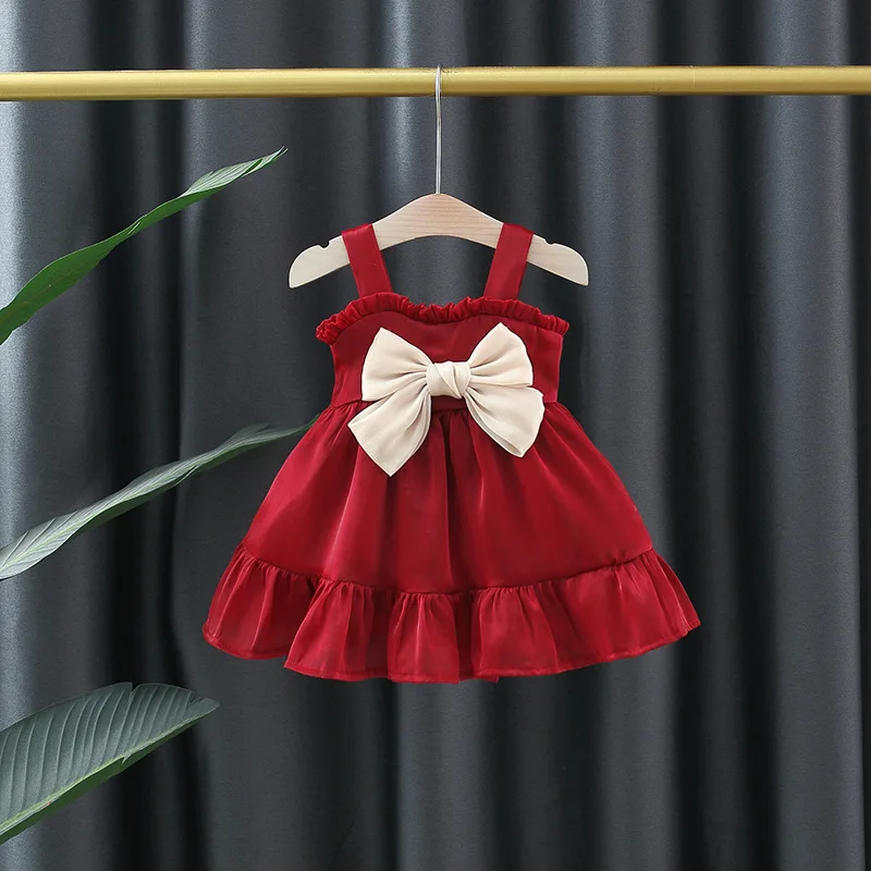 Girl\'s Summer Dress Sweet Hanging Strap Solid Color Big Bow Dress Suitable for Children Aged 80-110