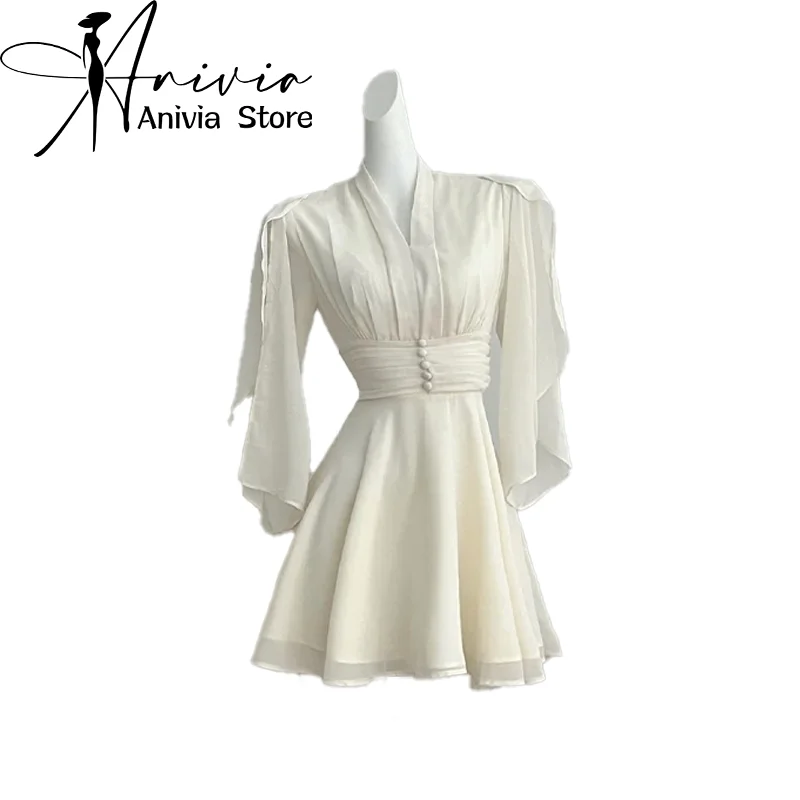 Women's White A-line Evening Dress Vintage French Style Mini Dresses Y2k 90s Elegant Party Club One Piece Frocks 2000s Clothes