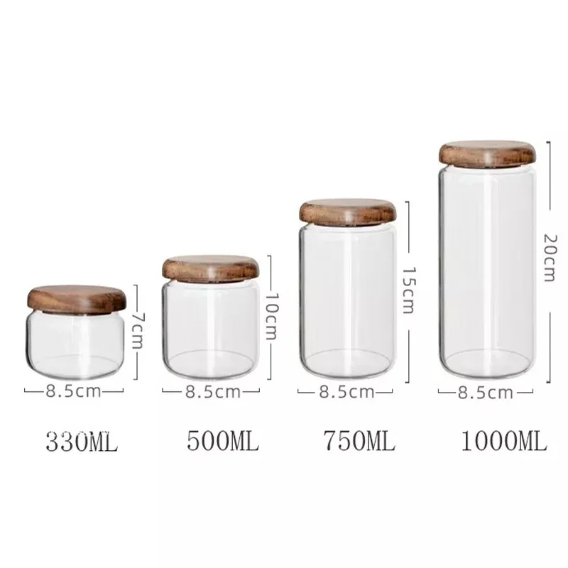 KEMORELA Transparent Food Storage Container Jar Acacia Wood Round Tea Jar Dried Fruit Snacks Kitchen Glass Sealed Storage Jar