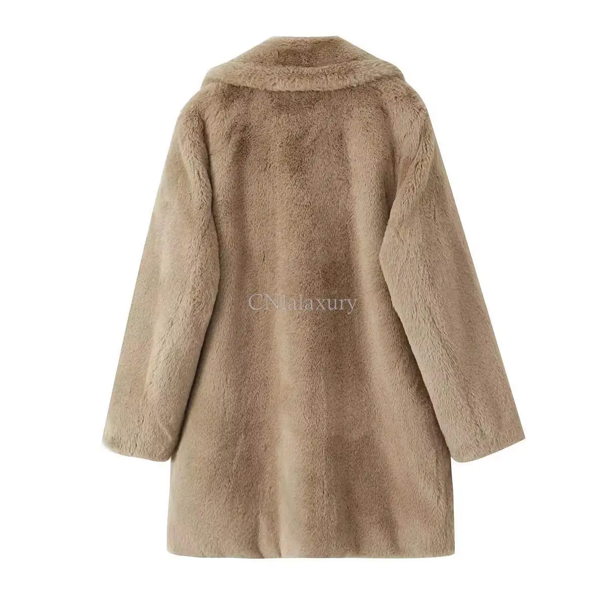 CNlalaxury 2024 Autumn Winter Women New Fashion Mid Length Version Lapel Imitation Fur Overcoat Long Sleeved Solid Color Trench