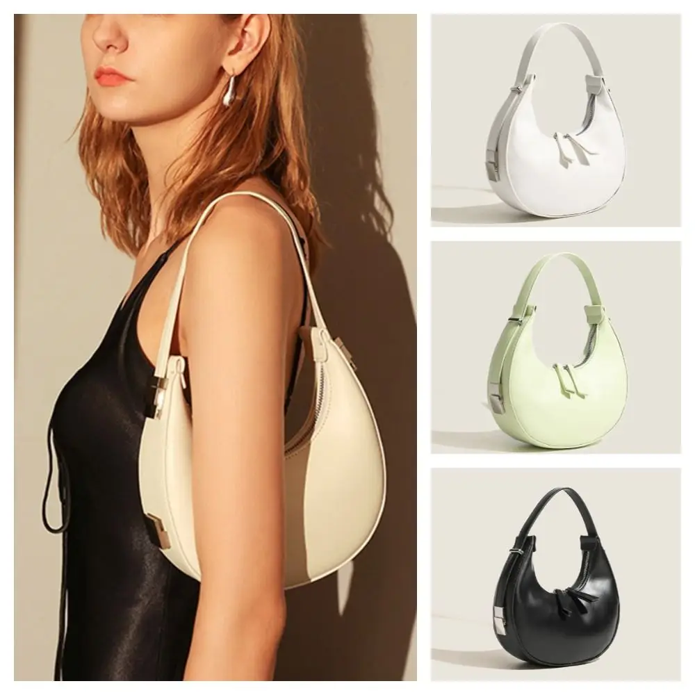 

Fashion Minimalist Style Pu Leather Handbag Elegant Zipper Half-moon Underarm Bag Black Casual Crescent Bag Travel
