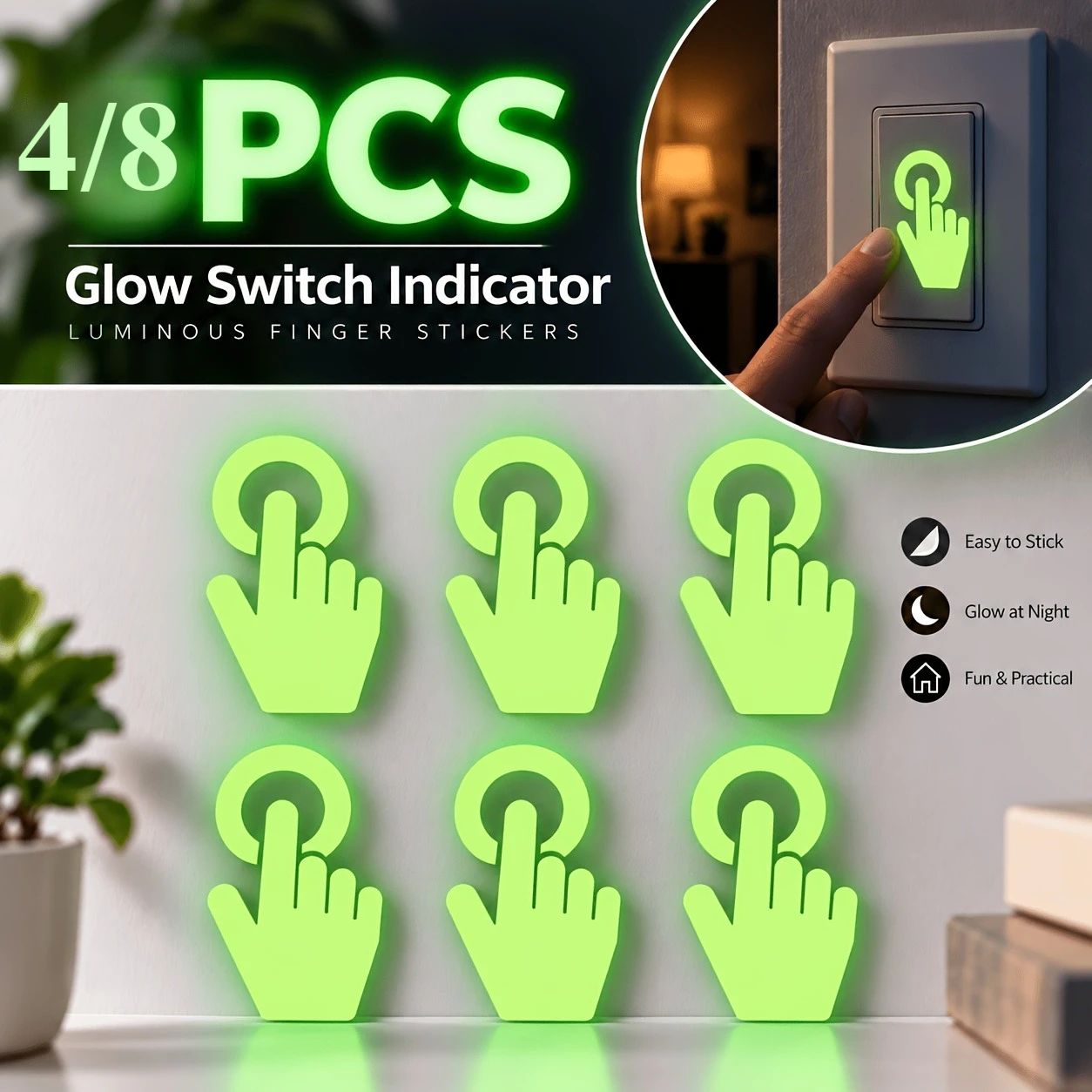 4/8pcs Self-Adhesive Finger-Patterned Glow-In-The-Dark Switch Indicator Stickers, for Easy Switch Location at Night,Waterproof