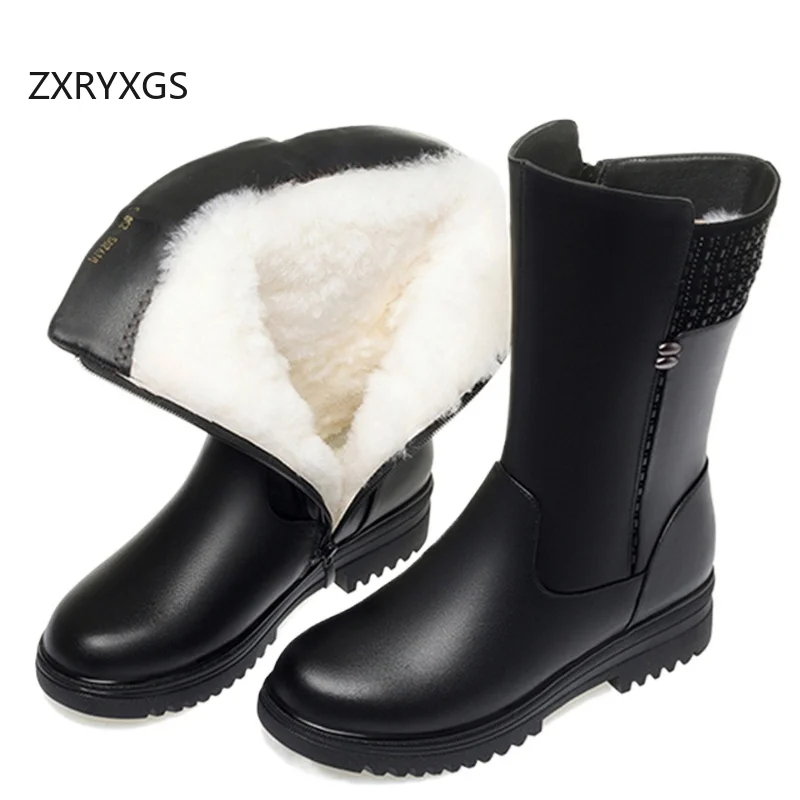 ZXRYXGS Winter Large Size Boots 2025 New Genuine Leather Rhinestone in-tube Fashionbale Boots Women Warm Inisde Plush Wool Boots