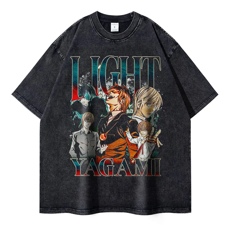 Anime Death Note T Shirt Vintage Washed Yagami Light T-shirts Streetwear Short Sleeve Manga Misa Misa Tops Tees Girl 100%Cotton