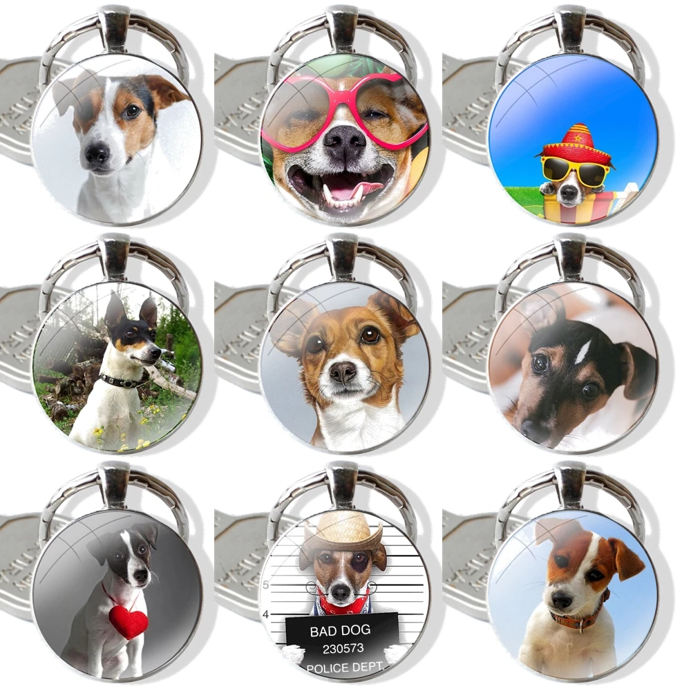 Jack Russell Terrier Dog Keychain Handmade Glass Cabochon Key Ring Holder Pendant Key Chains