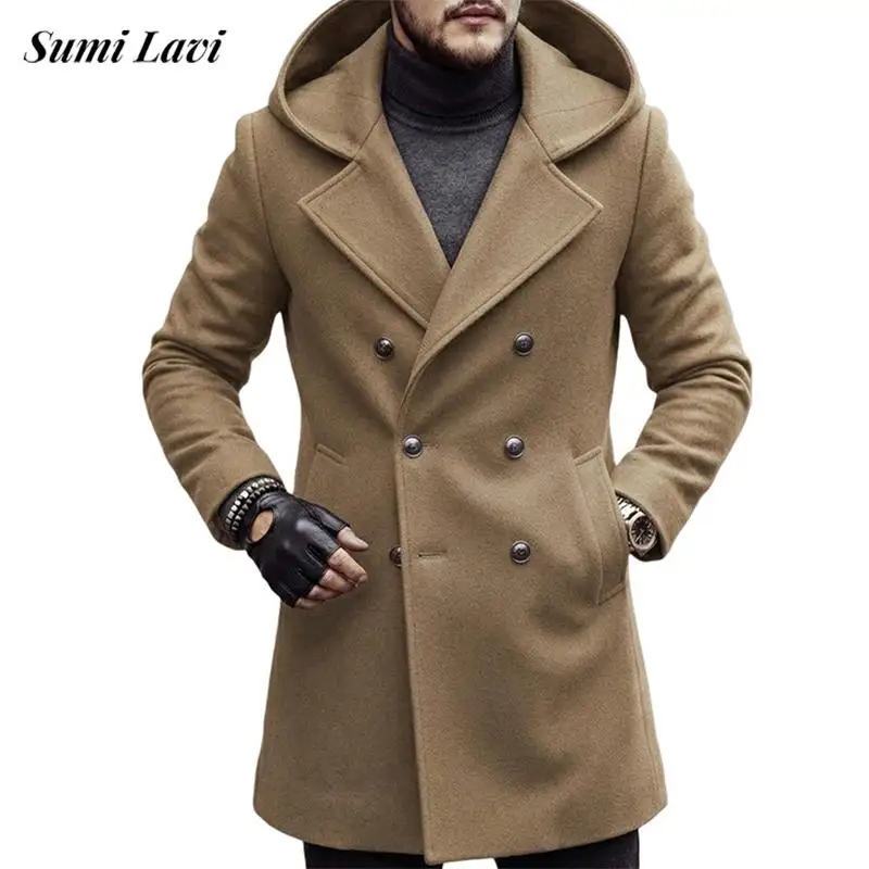 Daily Casual Solid Color Hooded Jackets Mens Fall Woolen Warm Woolen Outerwear Vintage Double-breasted Long Sleeve Maxi Coats