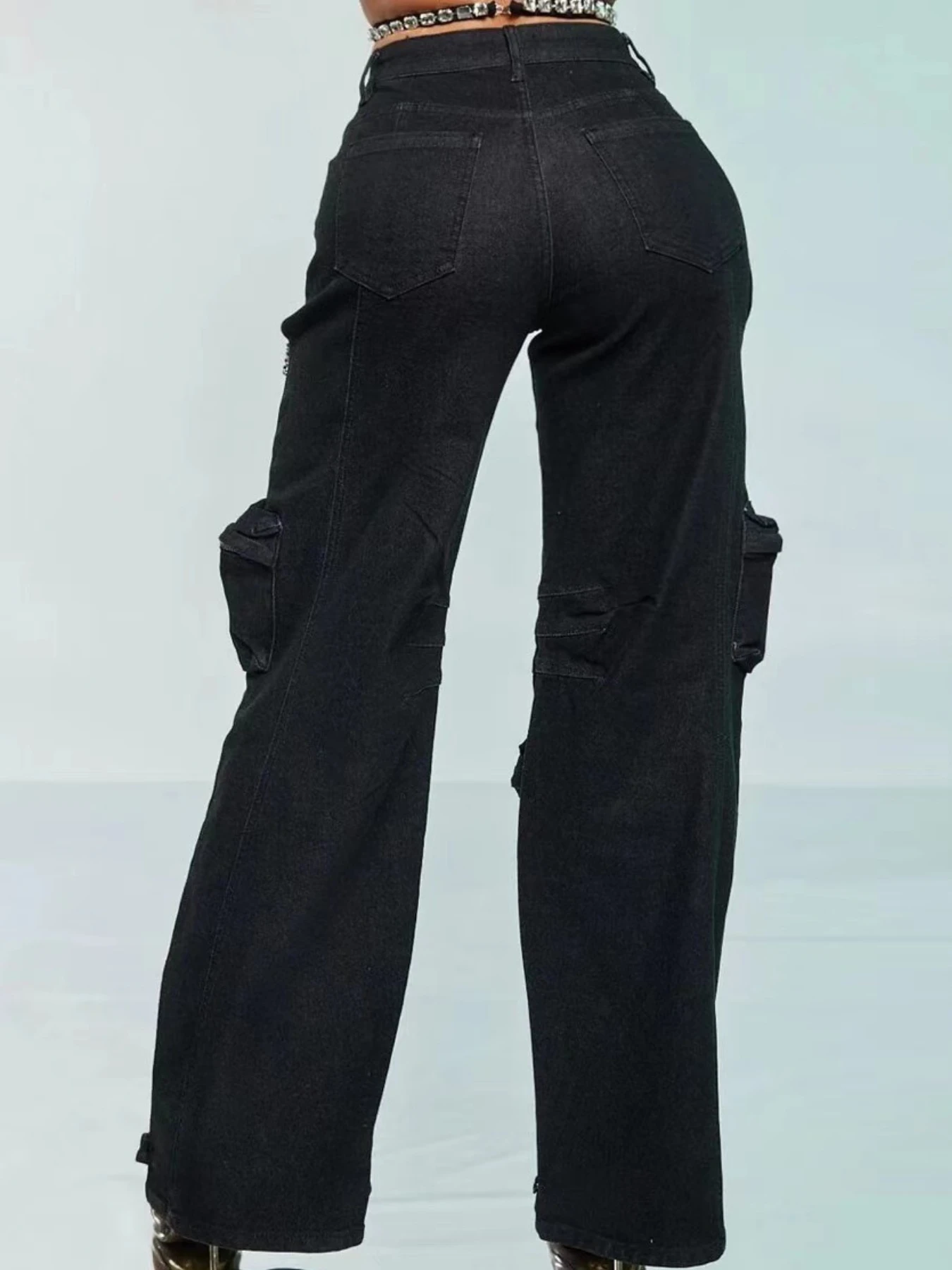 Lady's black rhinestone fringed sheer workwear jeans, with multiple workwear pockets, Y2K tough girl style, perfect gift for festivals, the top choice for parties and music festivals, new autumn style for ladies' jeans