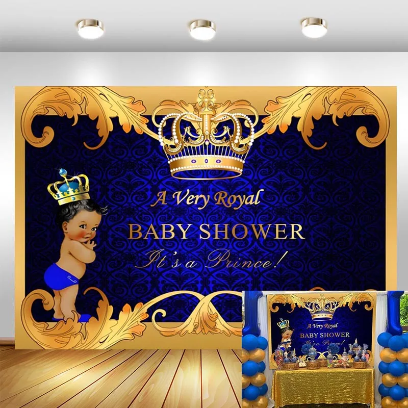 

Royal Prince Baby Shower Backdrop Black Boy Gold Crown Birthday Party Custom Photography Background Photo Studio Props Banner