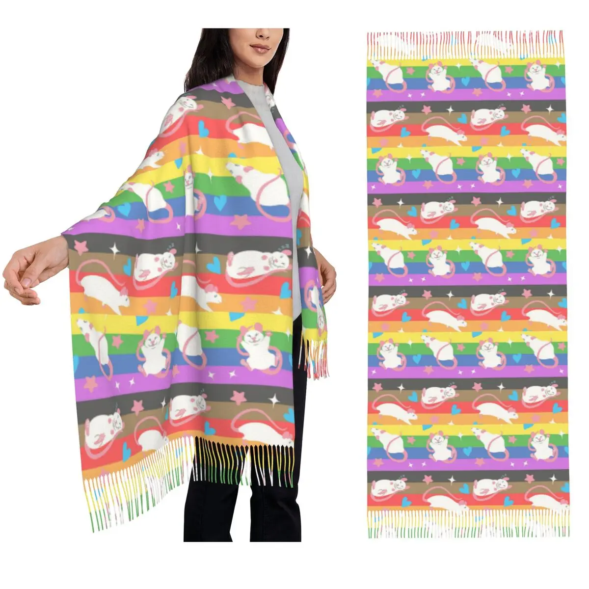 

ЛГБТК Гордость Крыса узор Радужный шарф Шарфы с кисточками для женщин Мягкие теплые шали и накидки Большая осенне-зимняя шаль