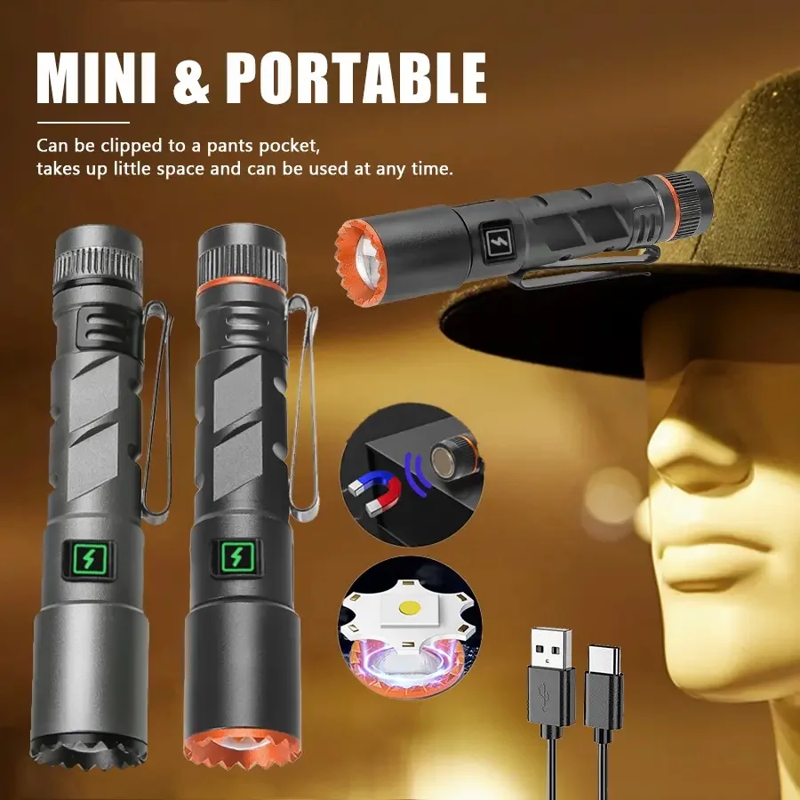 New mini bright LED flashlight 10440 lithium battery with retractable pen clip flashlight Outdoor camping rechargeable magnet