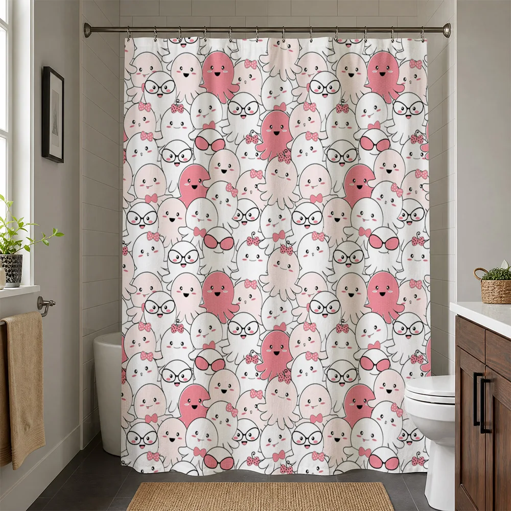 Adorable Cute Ghost Couple Shower Curtain Waterproof Bathroom Decor Novelty Liners Pink Whimsical Kids Shower Curtain Accessorie