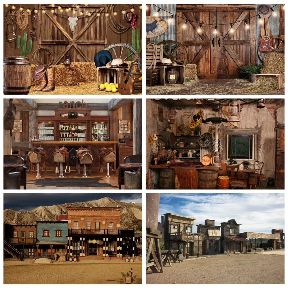 Western Cowboy Saloon Backdrop West Cowboy City Town Scenic Wooden House Barn Door Travel Baby Portrait Photography Background