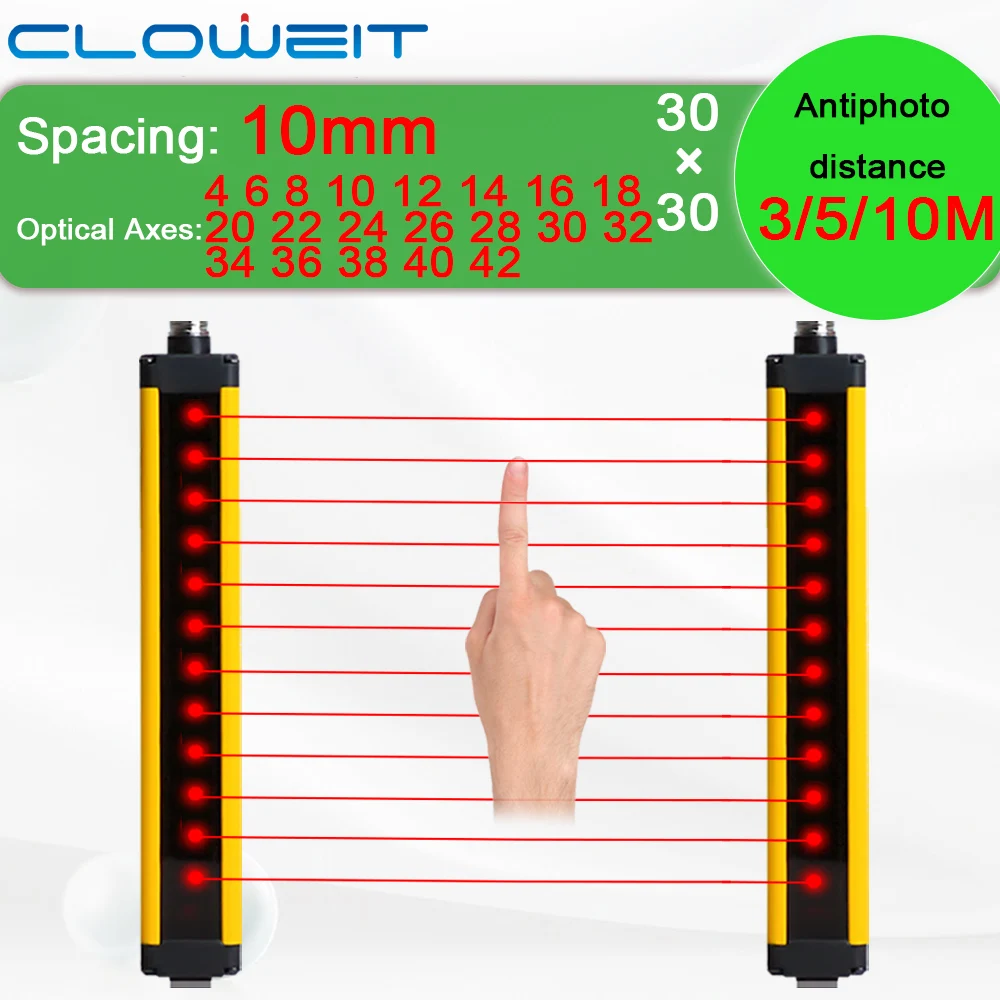 Cloweit 10MM 30×30 Safety Light Curtains APS30-(0410-4210) Beams 3/5/10m Protect Photoelectric Switch Area Sensor 24V NPN PNP