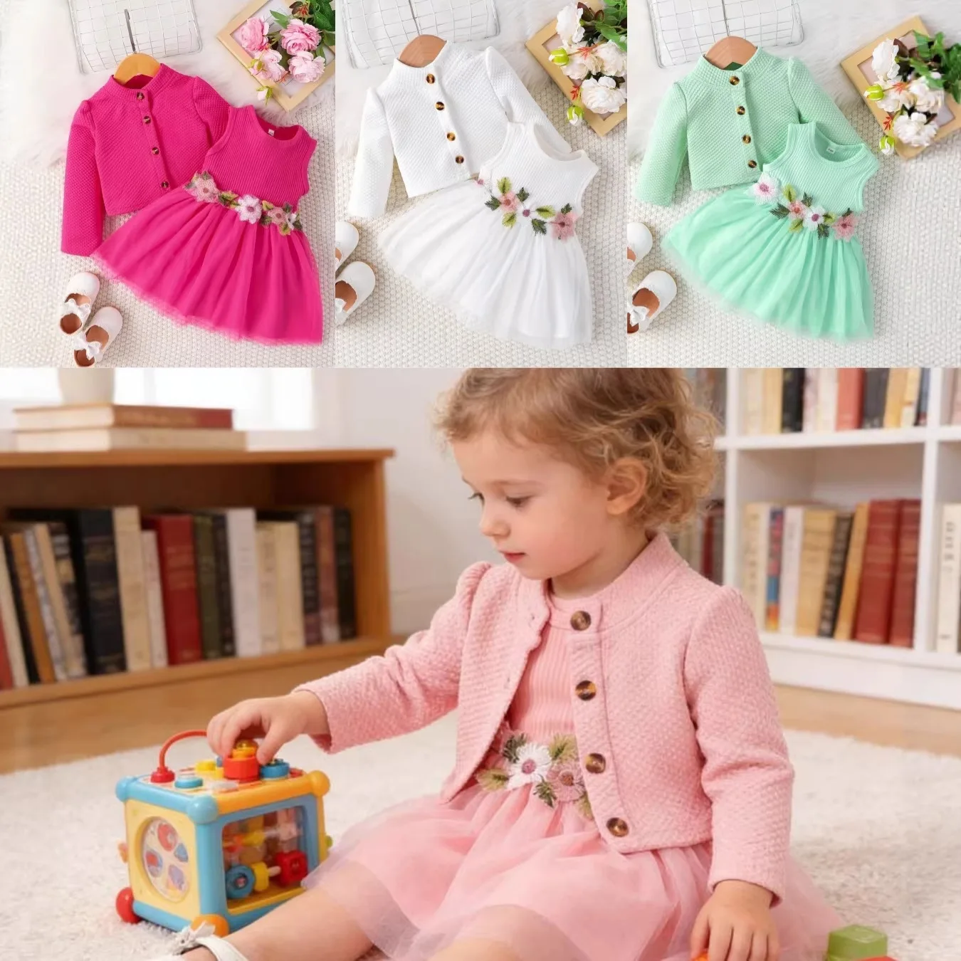 

Весенний комплект детской одежды для девочек: осенний кардиган с длинным рукавом, платье-сарафан из фатина с цветочной вышивкой, комплект из 2 предметов для малышей
