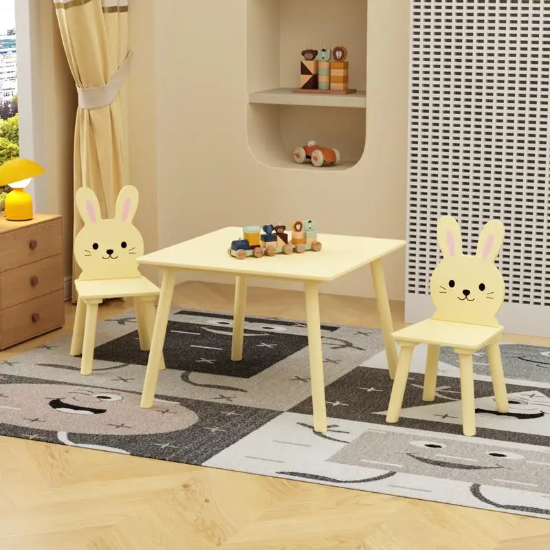 Kids Table & Chair Set with 2 Bunny Chairs, Wooden Activity Table for Toddlers, Cute Animal Design Play & Study Set for