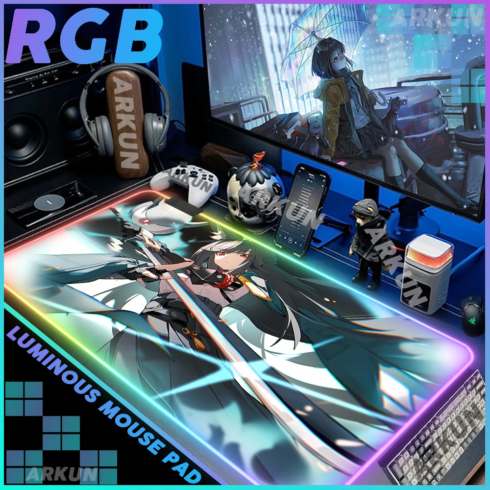 

RGB Large Kawaii Hot Miyabi Hoshimi Popular Zenless Zone Zero Gaming Mouse Pad XXL Gamer Pad on The Table Anime 90x40 LED Mat