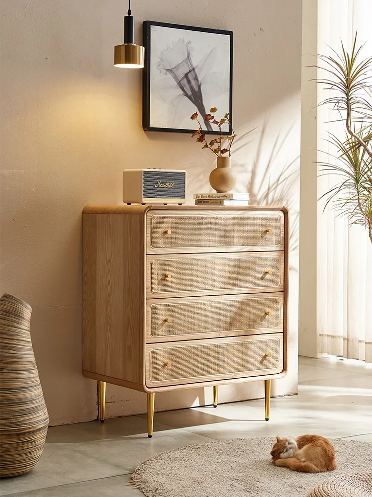 Solid wood three four five chest cabinet simple modern locker bedroom multi-functional bedside table rattan storage cabinet