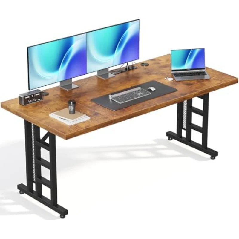Executive Desk, 71 Inch Office Table with Power Ports, Large Computer Desk with 3-Piece Thickened Board for Home