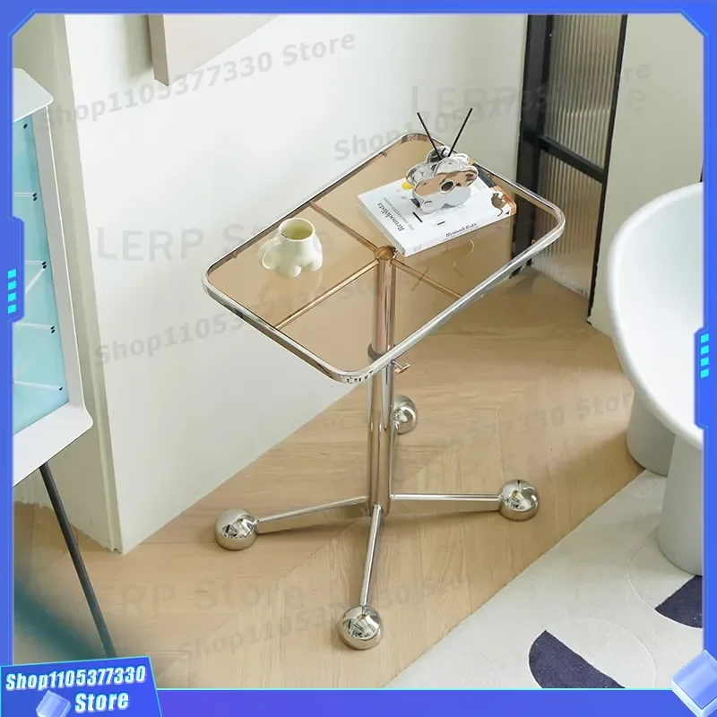 Nordic Bauhaus Moon Side Table Stainless Steel Glass Small Movable Lifting Sofa End Table for Living Room Modern Medieval